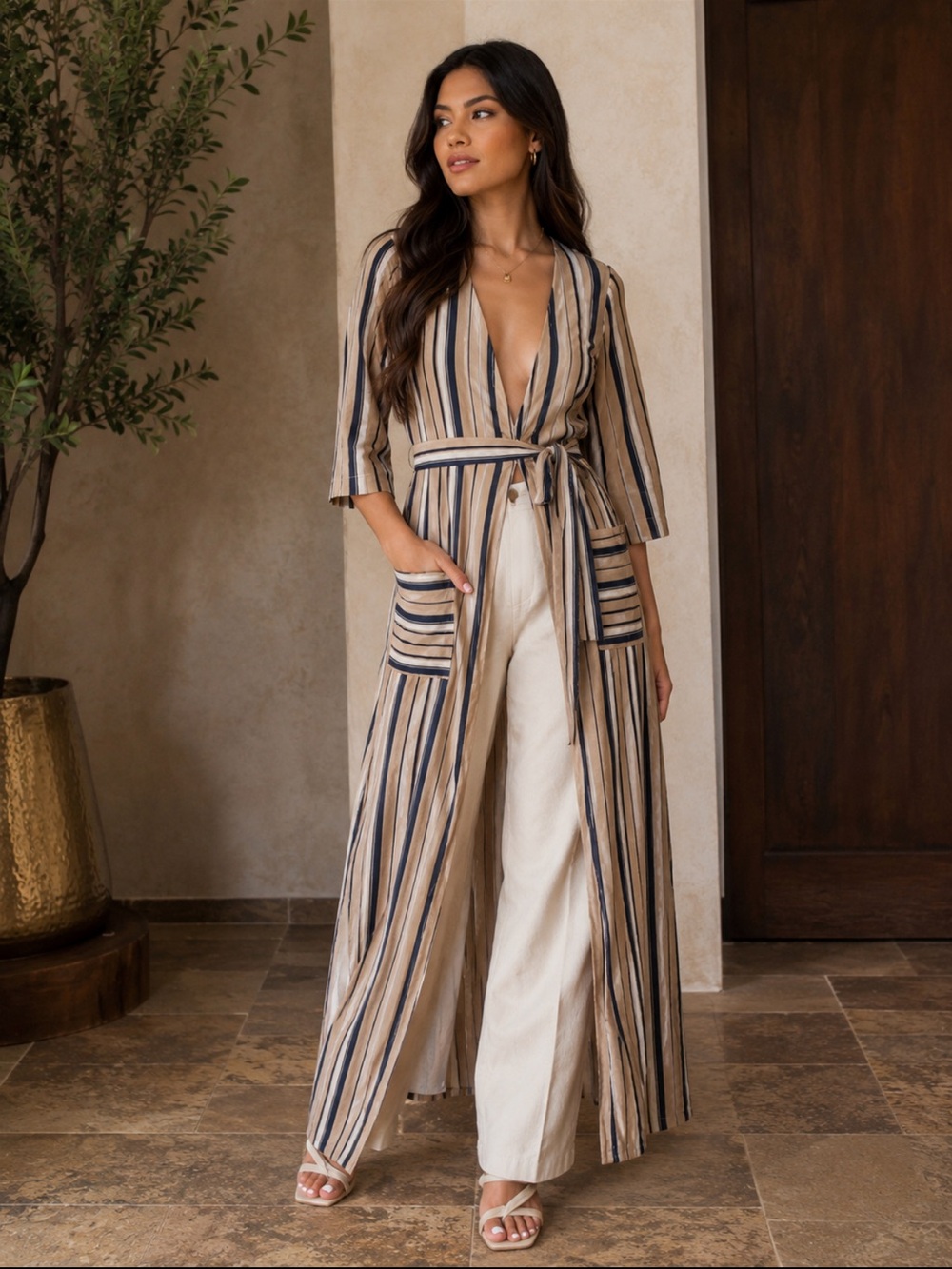 L'ATISTE Beige & Navy Striped Long Duster shirt-dress